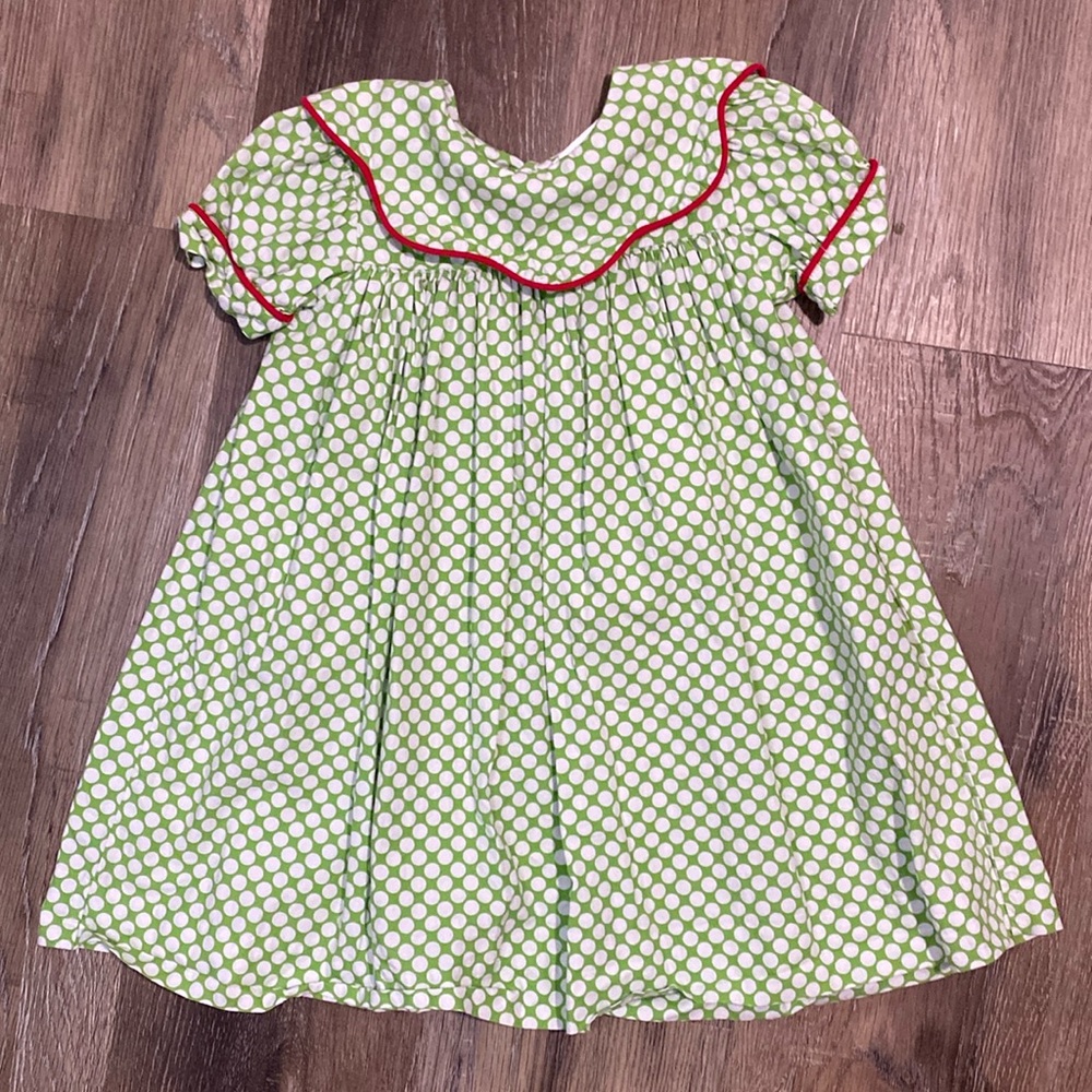 Green and White Polka Dot Dress with Red Trim